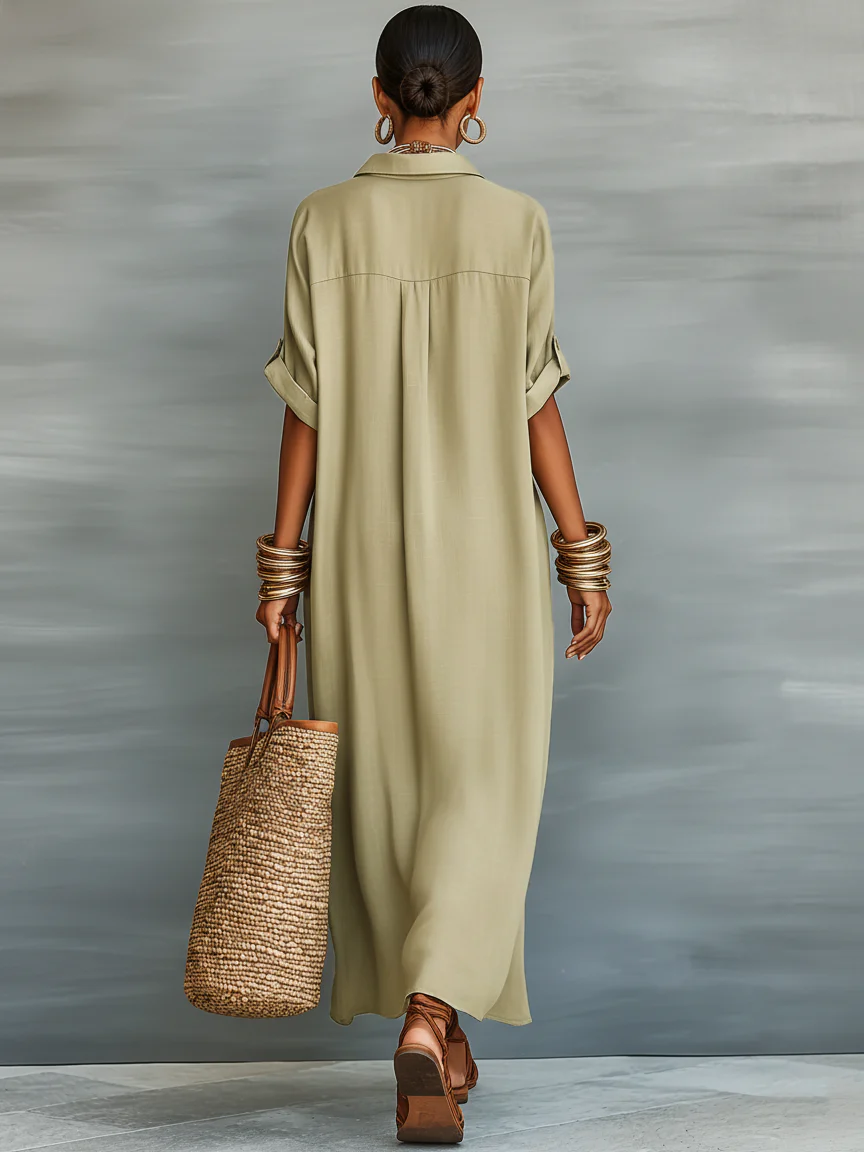 Manuela | Vestido largo verde oliva de líneas minimalistas