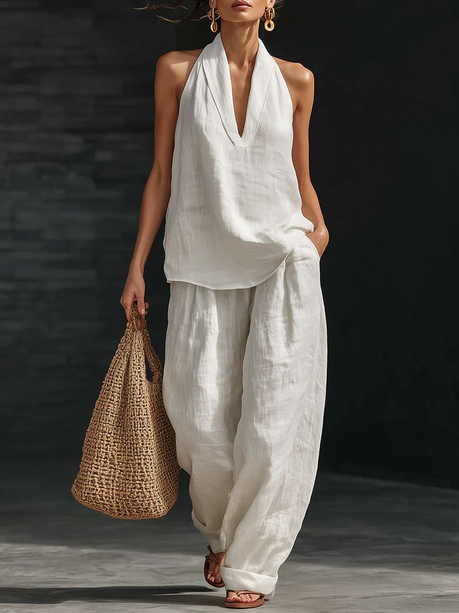 Arena | Conjunto de top con cuello en V de lino y pantalones de lino anchos