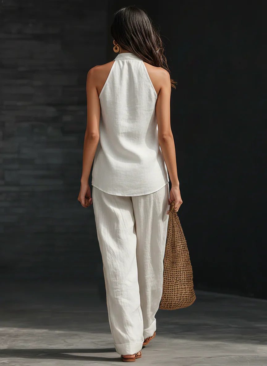 Arena | Conjunto de top con cuello en V de lino y pantalones de lino anchos