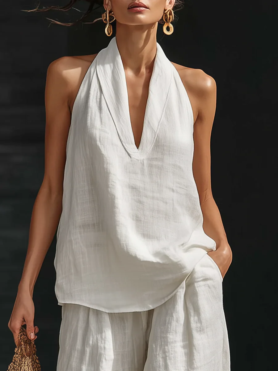 Arena | Conjunto de top con cuello en V de lino y pantalones de lino anchos