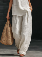 Arena | Conjunto de top con cuello en V de lino y pantalones de lino anchos