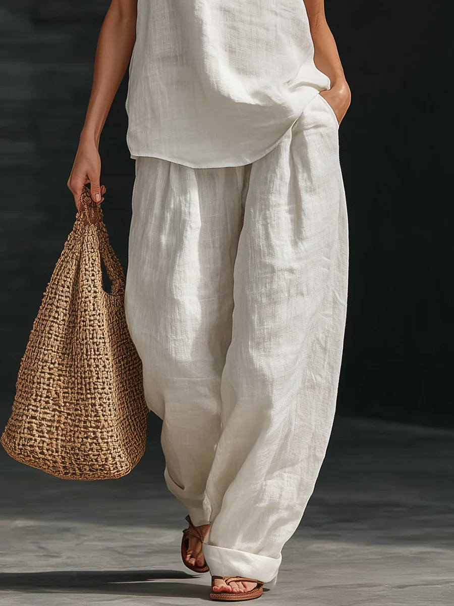 Arena | Conjunto de top con cuello en V de lino y pantalones de lino anchos