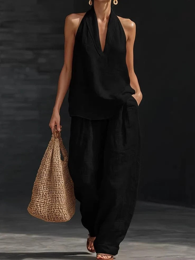 Arena | Conjunto de top con cuello en V de lino y pantalones de lino anchos