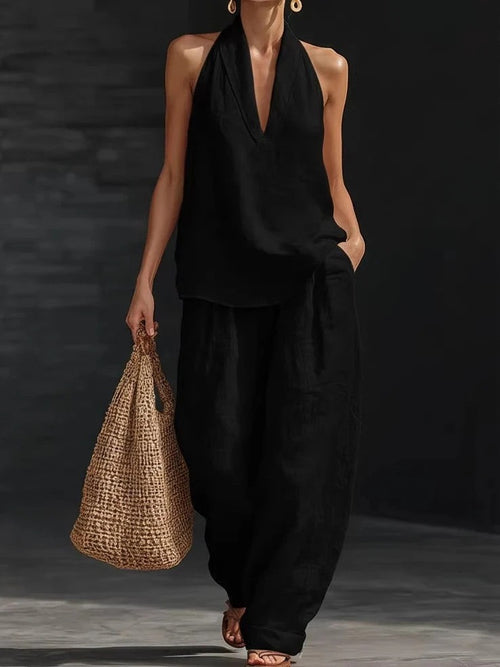 Arena | Conjunto de top con cuello en V de lino y pantalones de lino anchos