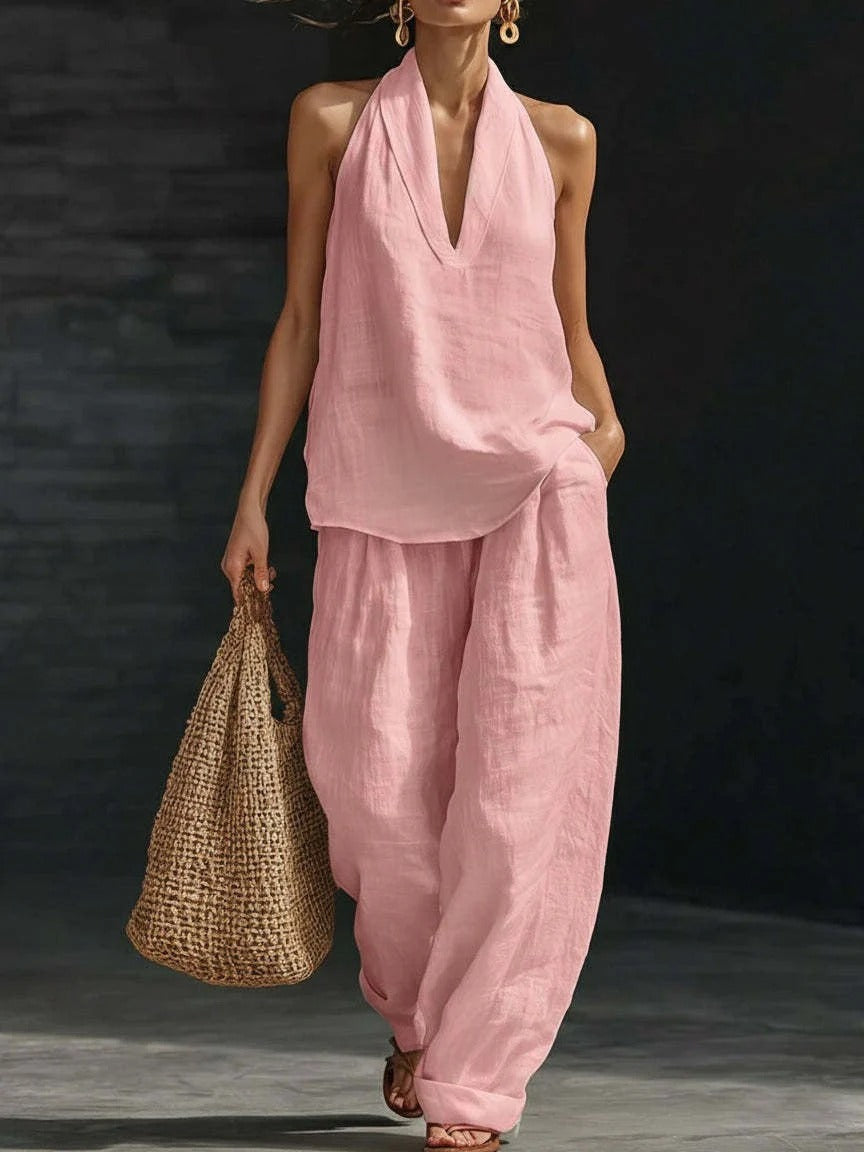 Arena | Conjunto de top con cuello en V de lino y pantalones de lino anchos