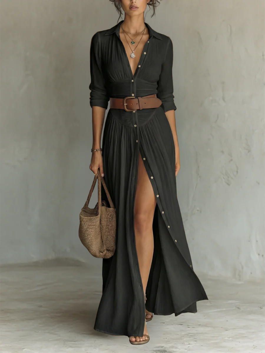 Noirel | Vestido largo con cuello de solapa y mangas largas