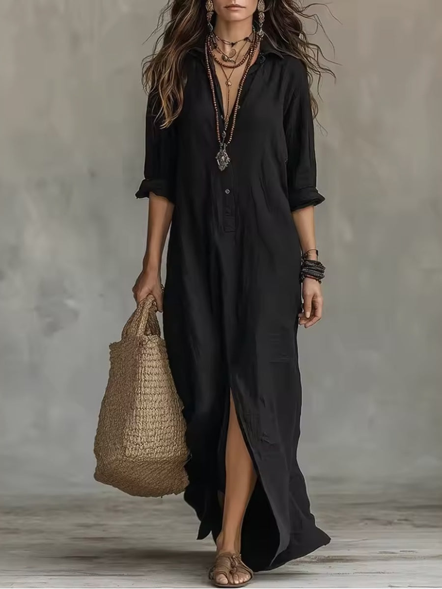 Soline | Vestido largo negro holgado con botones